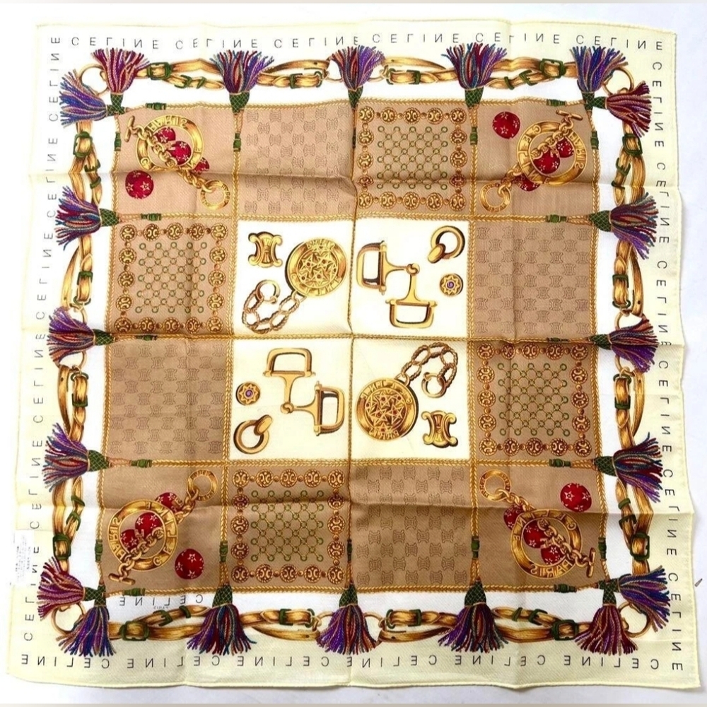 Celine Women's Scarf with Cream, Gold, and Red Accents Handkerchief - Picture 3 of 8